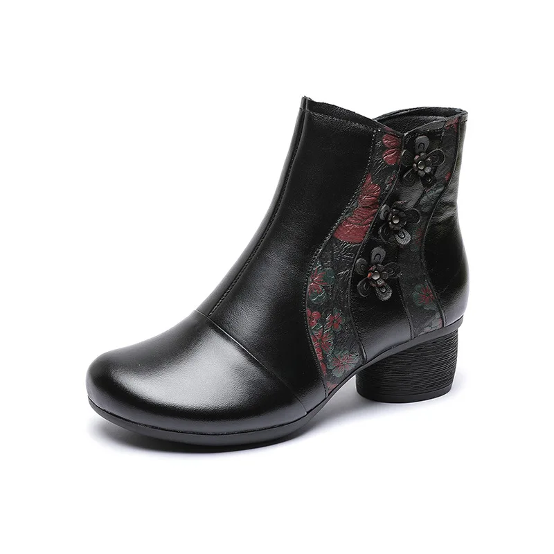 

New Vintage Genuine Leather Ankle Boot for Women Mother Cowhide Zipper Chunky Heel Boots Winter Warm Shoes Woman Snow Boots 2020