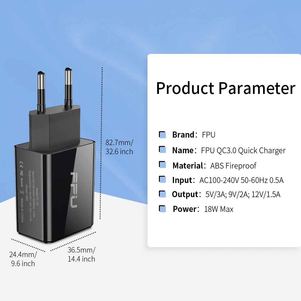 FPU 3 Port USB Charger 30W Quick Charge 3.0 2.0 Mobile Phone Charger for iPhone EU QC3.0 Fast Charger for Huawei Samsung S9+ S10