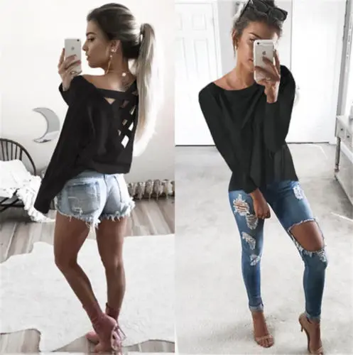 Sexy Hollow Out Women 2020 Spring Summer Back Cross Belt Loose Long Sleeve O Neck Blouse | Женская одежда