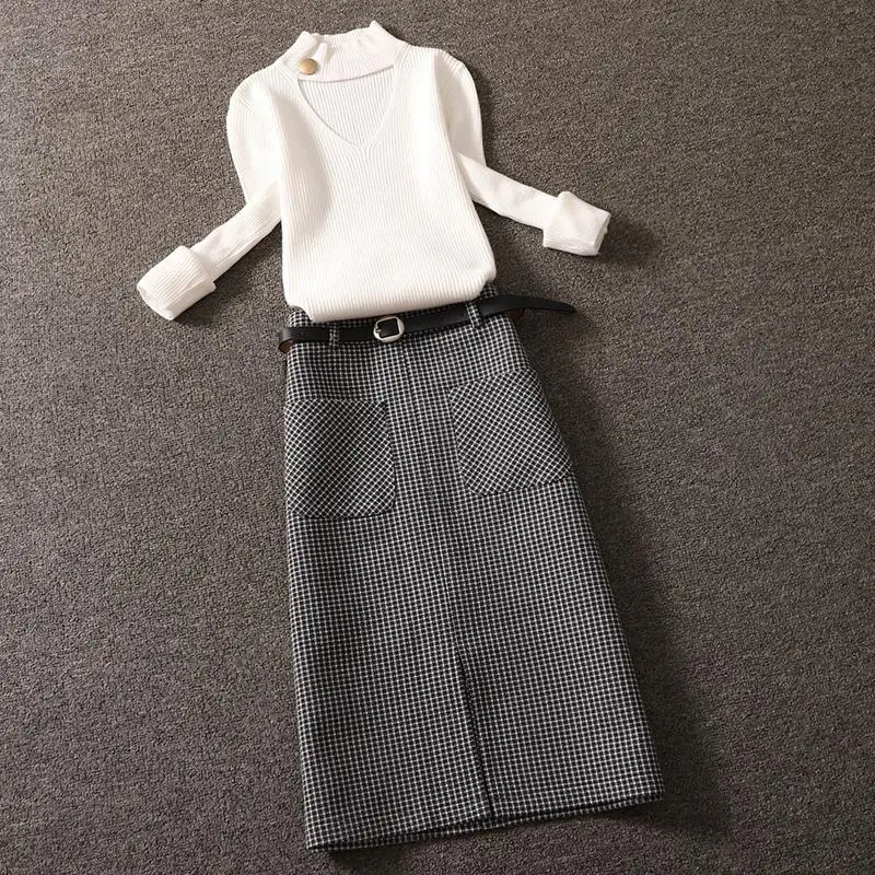 

2021 New Autumn Winter Lady Set Sexy Long Sleeve Clavicle Exposed Knit Pullover Sweater+Plaid Woolen Skirt 2 Piece Suit Y392