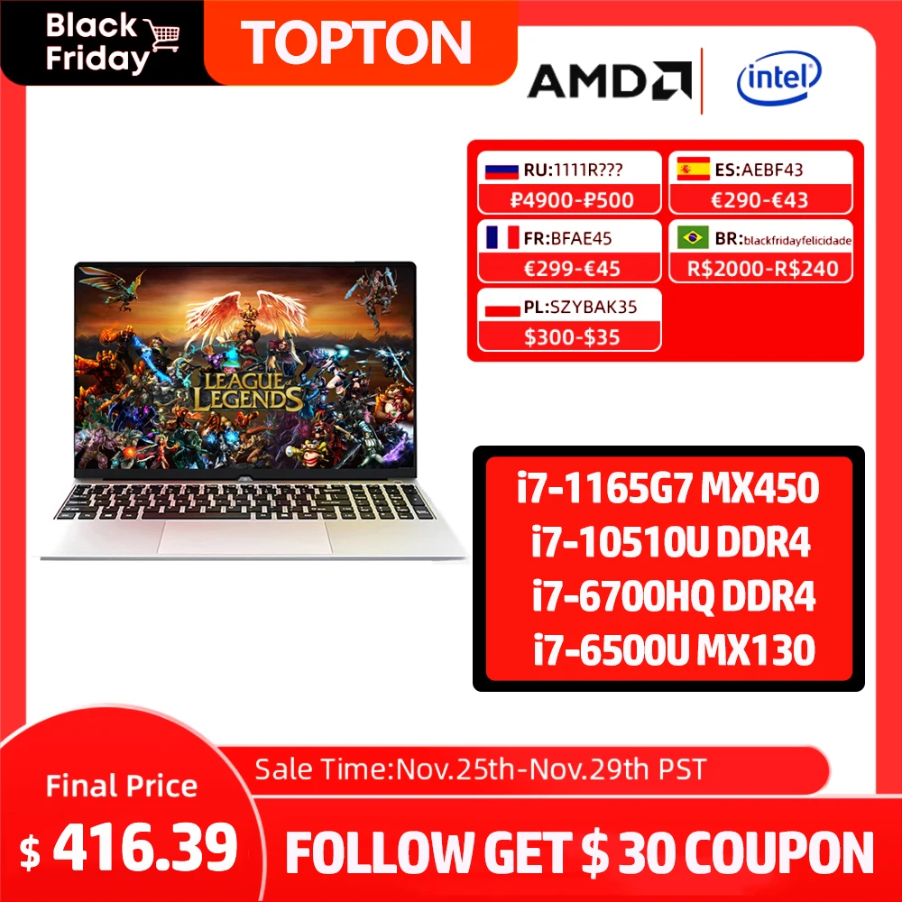 Topton Hot Sale Notebook 15.6 Inch Ultra Slim Pc Intel Core i7 10510U i7-1165G7 Gaming Computer AC WiFi Backlit Keyboard Laptops