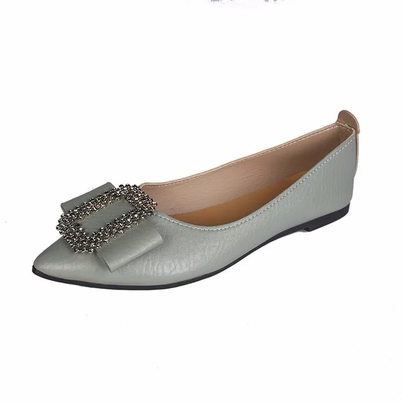 

2020 Autumn Spring New Leather Casual Shoes Slip on Shallow Flat Shoes Woman Ballet Flats Rhinestone Square Buckle Women Shoes