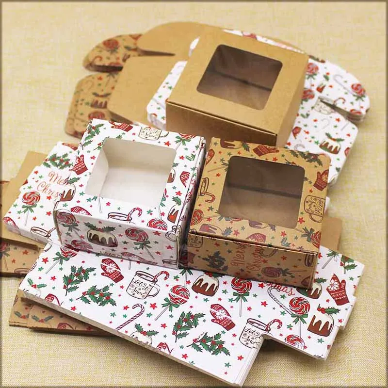 10pcs Kraft Paper Candy Box Merry Christmas Print Gifts With Window Marbling Style Package Home Wedding Party Decor | Дом и сад