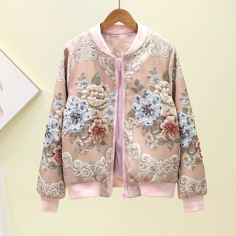 

2020 vintage Jacquard Satin embroidery jacket for woman beading floral embroidery long sleeve pink Baseball coat runway outfit