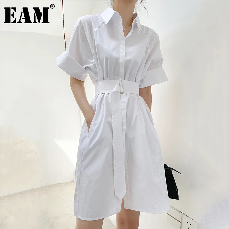 

[EAM] Women White Irreiglar Big Size Shirt Dress New Lapel Half Sleeve Loose Fit Fashion Tide Spring Summer 2021 1DD86140