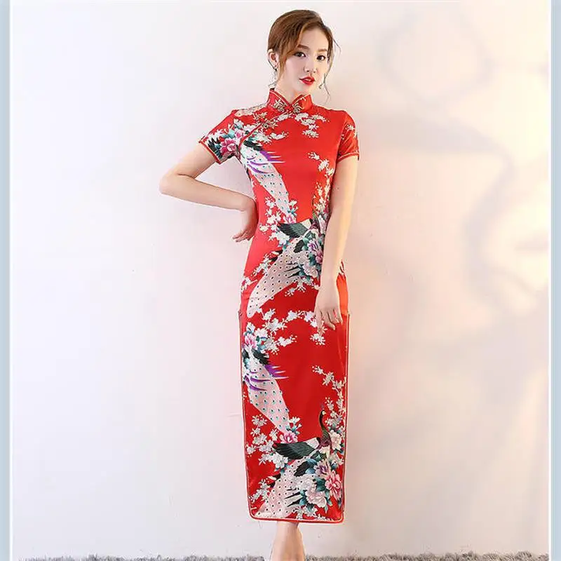 

Атлас Cheongsam Qipao для женщин китайское традиционное платье с коротким рукавом восточные Стиль вечерние платья свадебное платье размера плюс