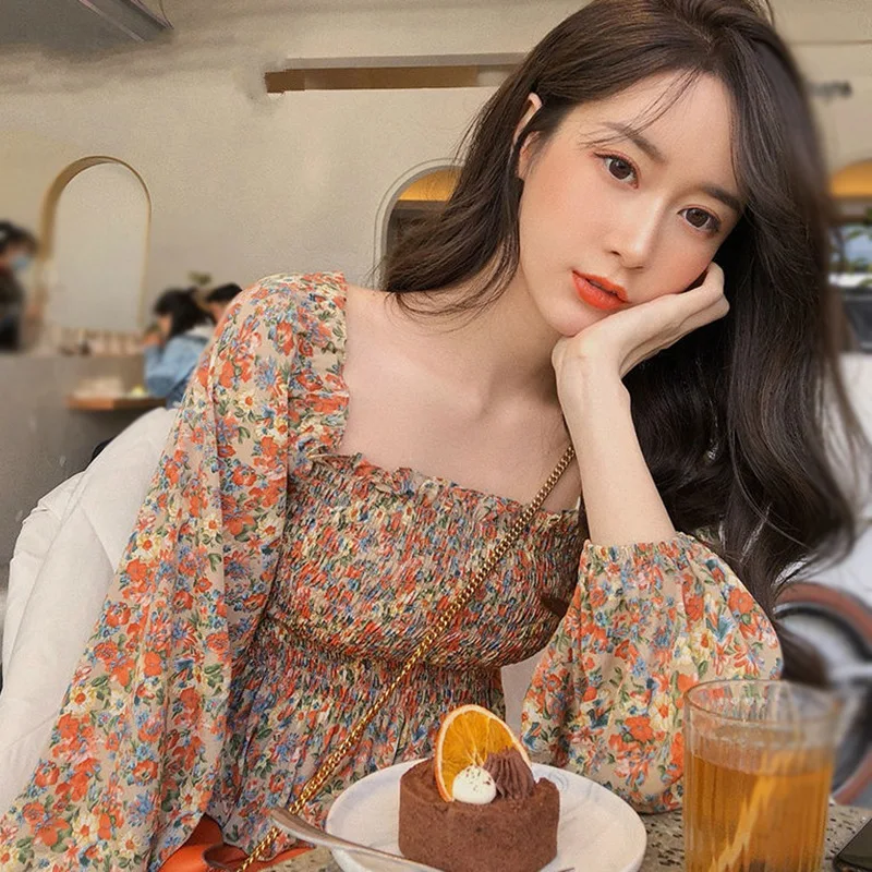 

Jlong Women Long Sleeves Chiffon Blouse Women Floral Print Shirt Square Collar Summer Sexy Tops