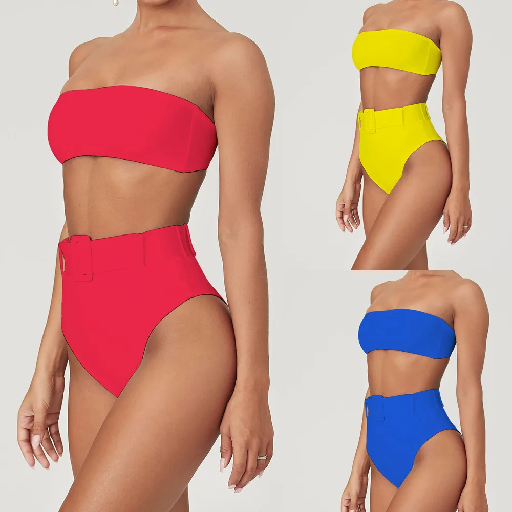 

Solid Color Swimwear Female Sexy Bikini Red Blue Yellow Push Up Bra High Waist Swimsuit Women Beach Bikini Set
