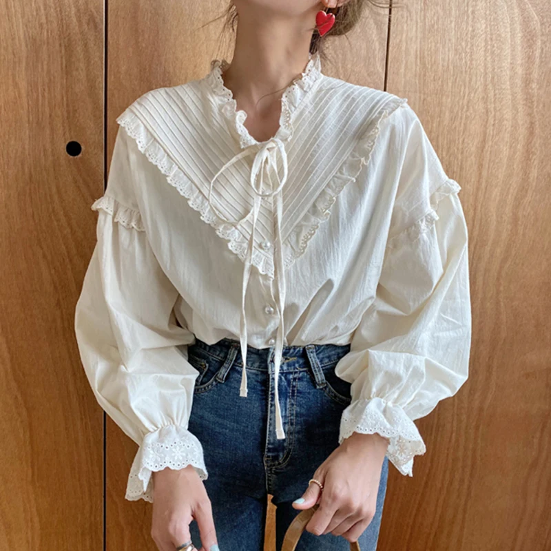 

2021 New Arrival Hollow Out Vintage Elegant Tops Women Shirt Solid Long Sleeve Korean Style Loose Blouses Blusas