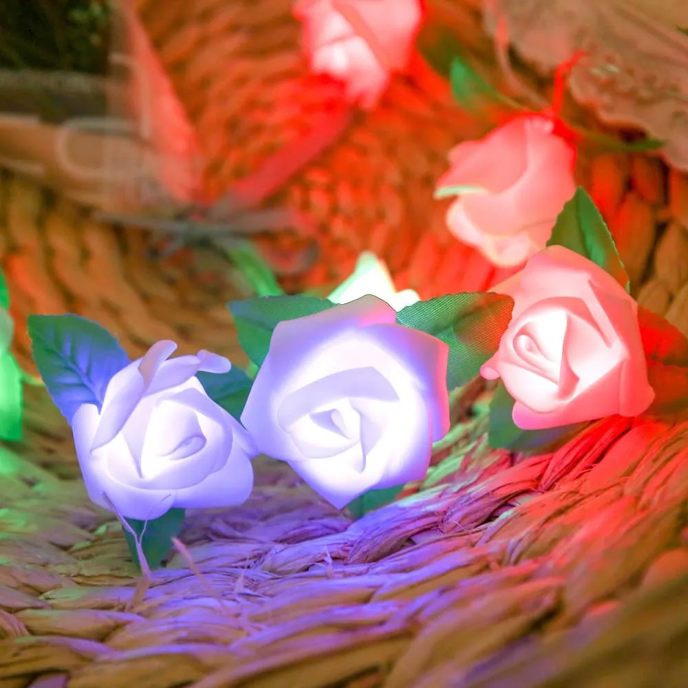 

2M Battery Powered Artificial Rose Flowers Green Leaves LED Lights String for Wedding Valentine's Day Wedding Bouquet DIY Decor