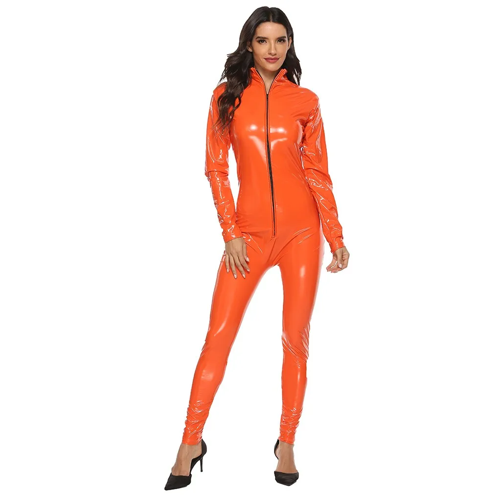 

Brand New Zipper Leotard Bodysuit Clubwear Hoody Jumpsuits Linegrie Jumpsuit Women Sexy Orange Artificial Leather Long Sleeve LW