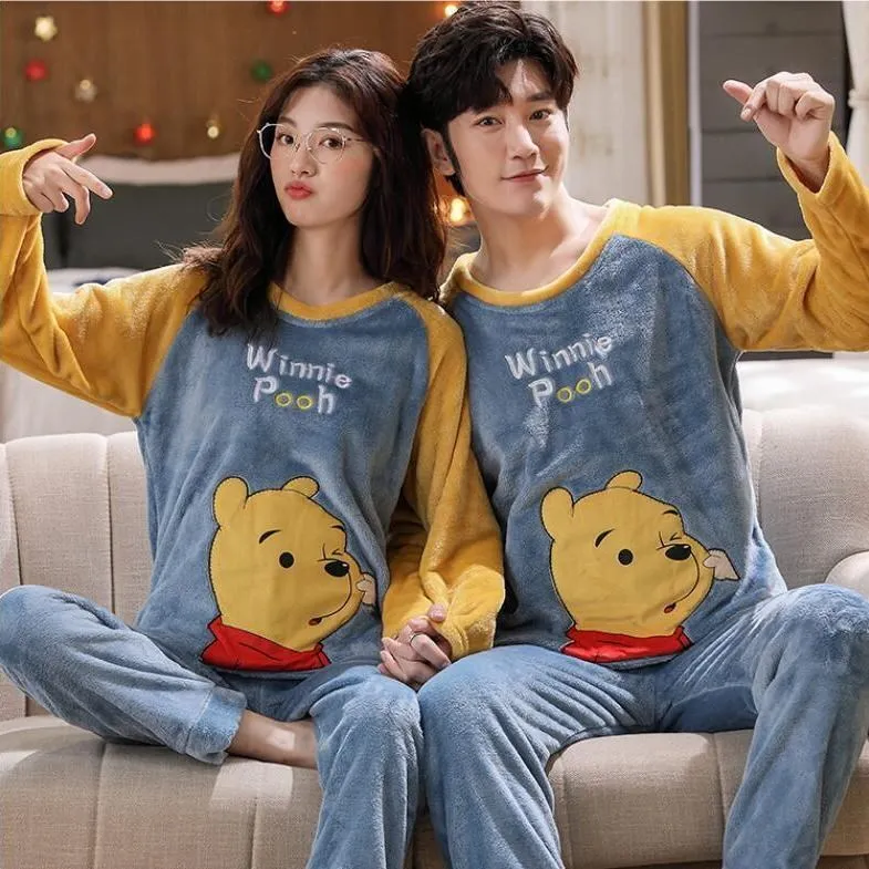 

Female Pajamas Set the Pooh-Print Cartoon Sleepwear Fashion Home Suit Anime Costume Bear Couple Pyjama Flannel Winter Warm Cloth