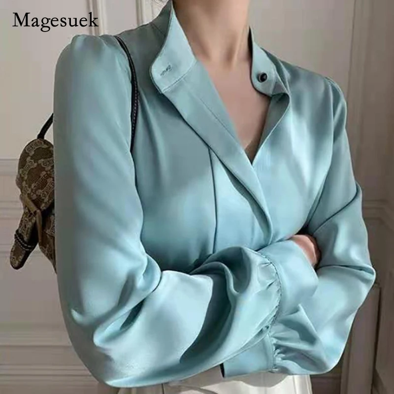 

Autumn 2021 New Women Blouses and Tops Office Lady Fashion Shirt Solid Stand Collar Shirt Women Loose Long Sleeve Clothing 13221