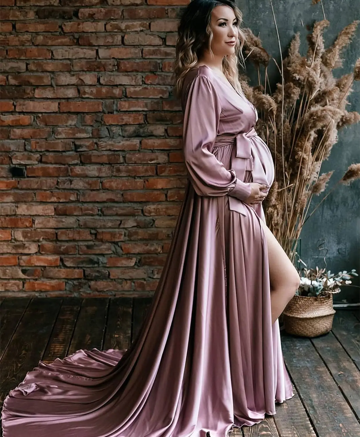 

Pregnancy Evening Dress Pregnant Pink Long Sleeve Satin Sweep Train Women Party Formal Gowns Elegant 2020 Side Slit Simple