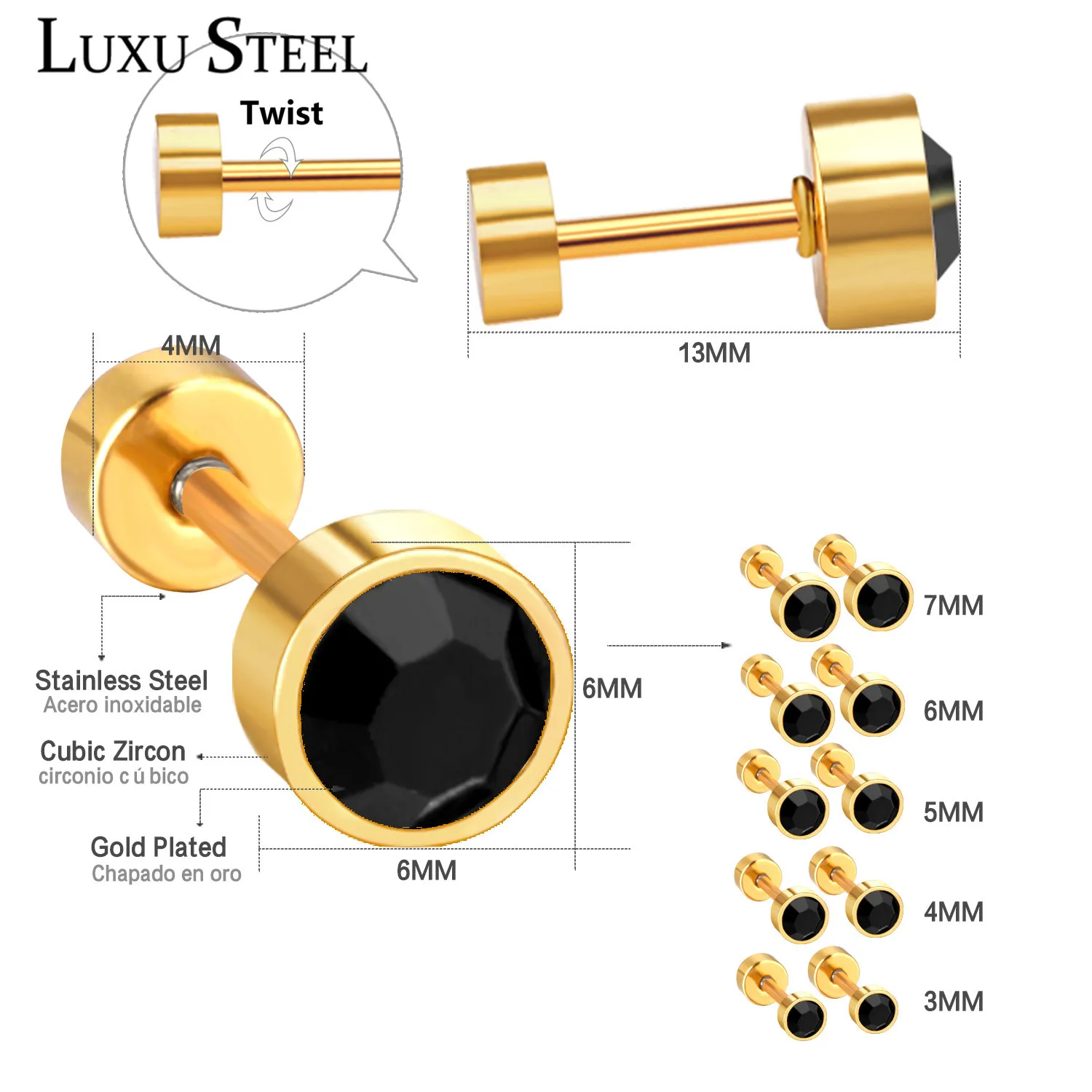 LUXUSTEELBlack Цвет Кристалл уха винт серьги ювелирные изделия из нержавеющей стали