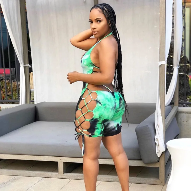 Полый эластичный комбинезон с галстуком-краской для женщин 2020 Сексуальные