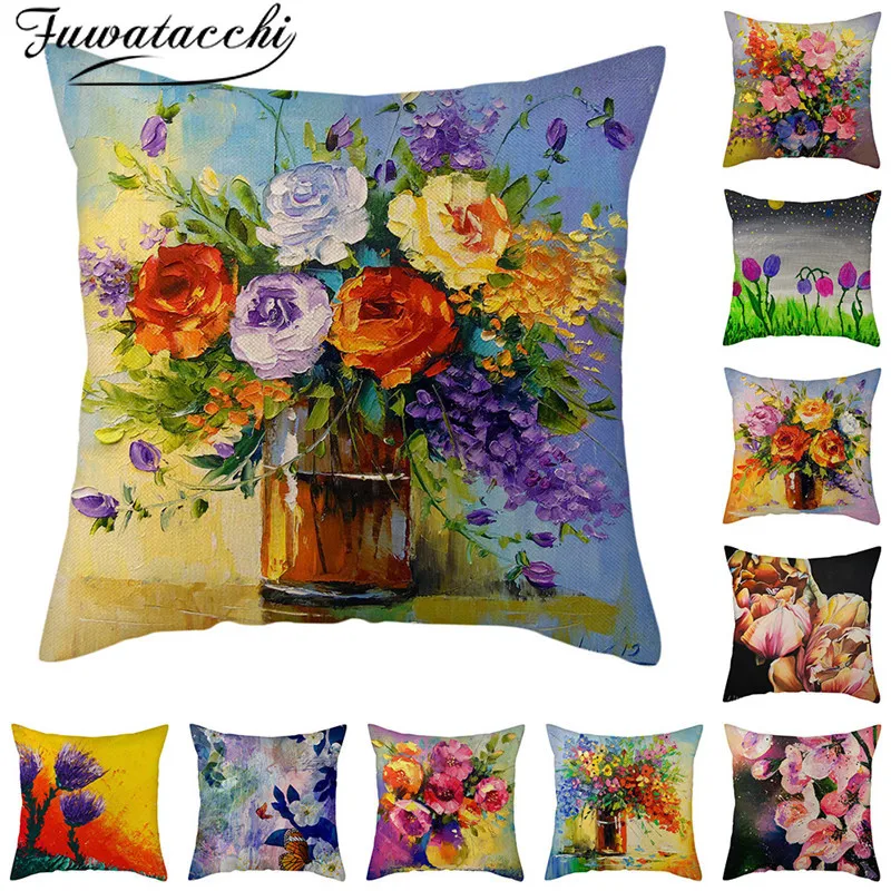 

Fuwatacchi Linen Oil Painting Cushion Cover Floral Photo Pillow Cover SunFlower Home Sofa Decorative Pillowcases 45x45cm