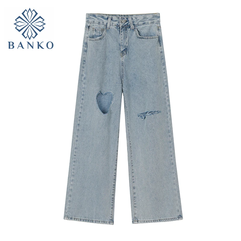 

Ripped Jeans For Women High Waist Loose Casual Long Trouser Summer 2022 Korean Streetwear All-Match Wide Leg Denim Pants Female