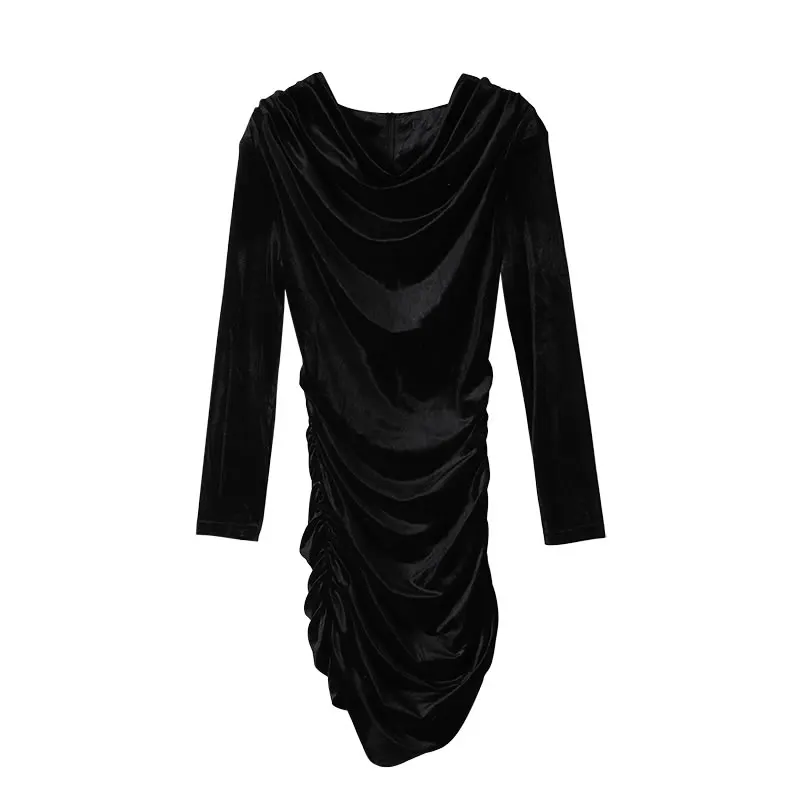

XITAO Sexy Pleated Vintage Dress Women 2021 Spring New Fashion Pullover Full Sleeve Elegant Match All Irregular Dress ZY5034