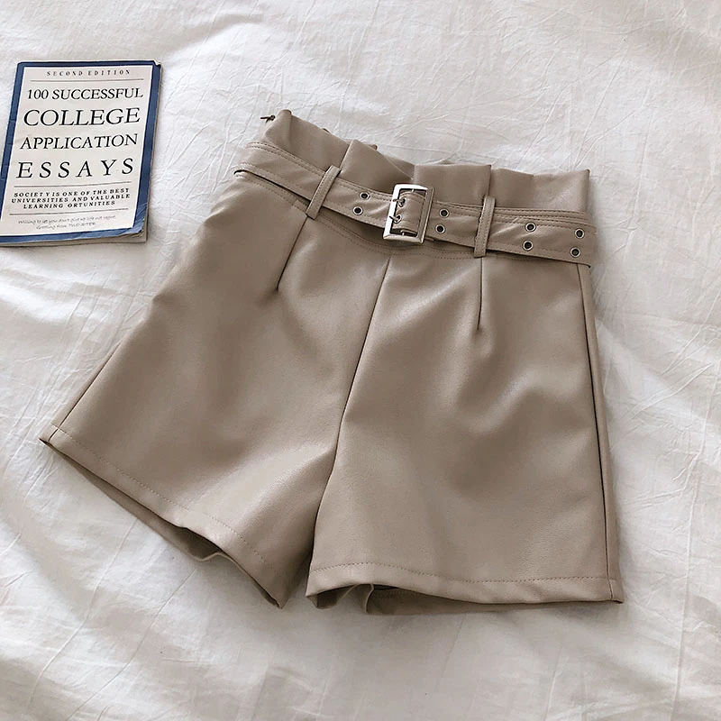 Женские кожаные шорты с высокой талией корейские модные короткие из