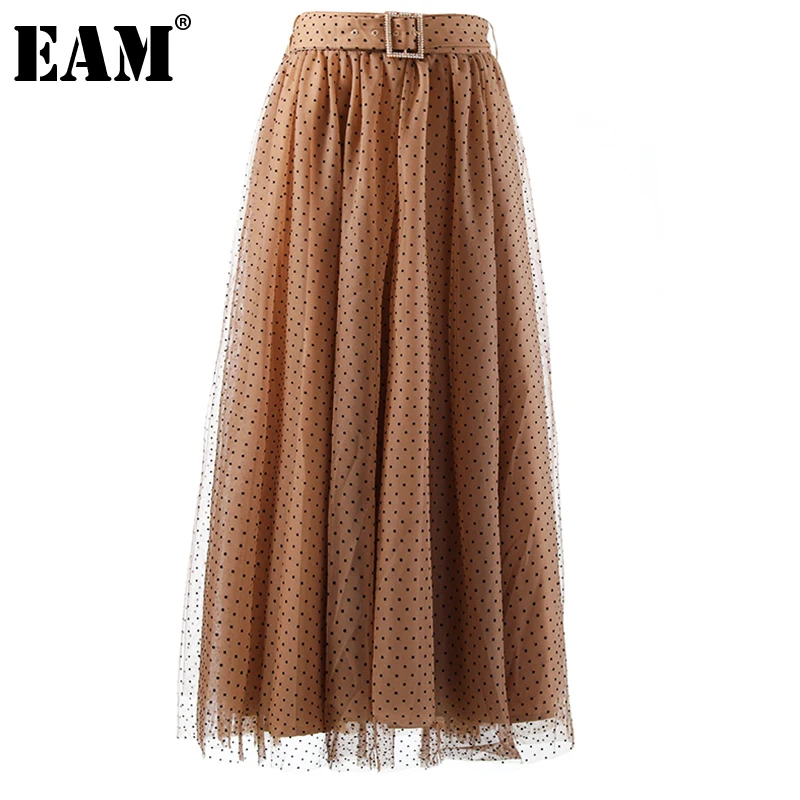 

[EAM] High Waist Khaki Dot Belted Three Layers Mesh Elegant Half-body Skirt Women Fashion Tide New Spring Autumn 2022 1DE3366