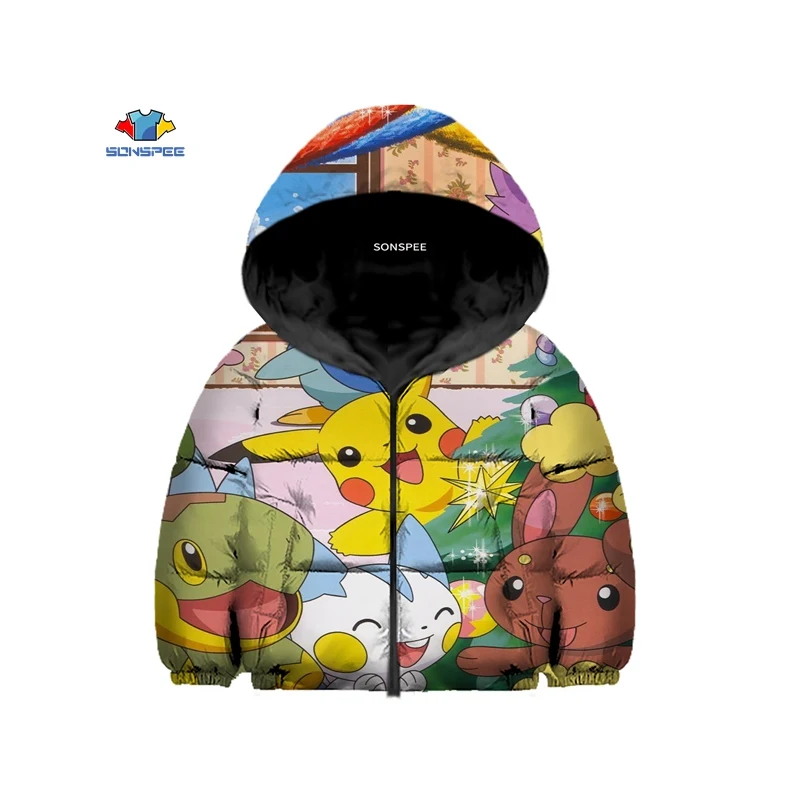 Детский пуховик с 3D принтом детектива Пикачу зимняя хлопковая куртка капюшоном