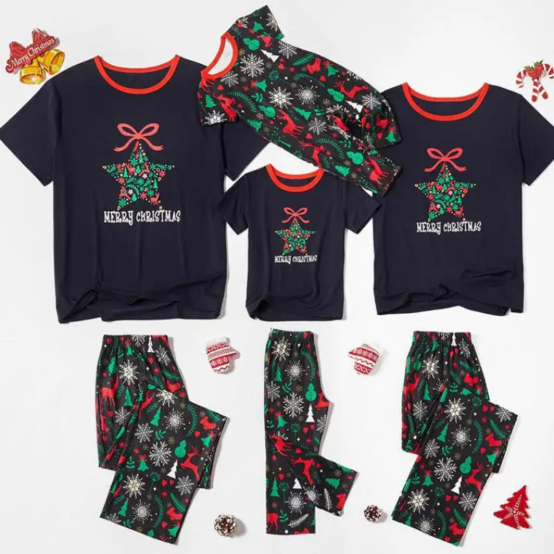 

2021 Christmas Family Pajamas Set Cute Cow Pattern Print Family Matching Clothes Short Sleeve Parent-child Family Pajamas