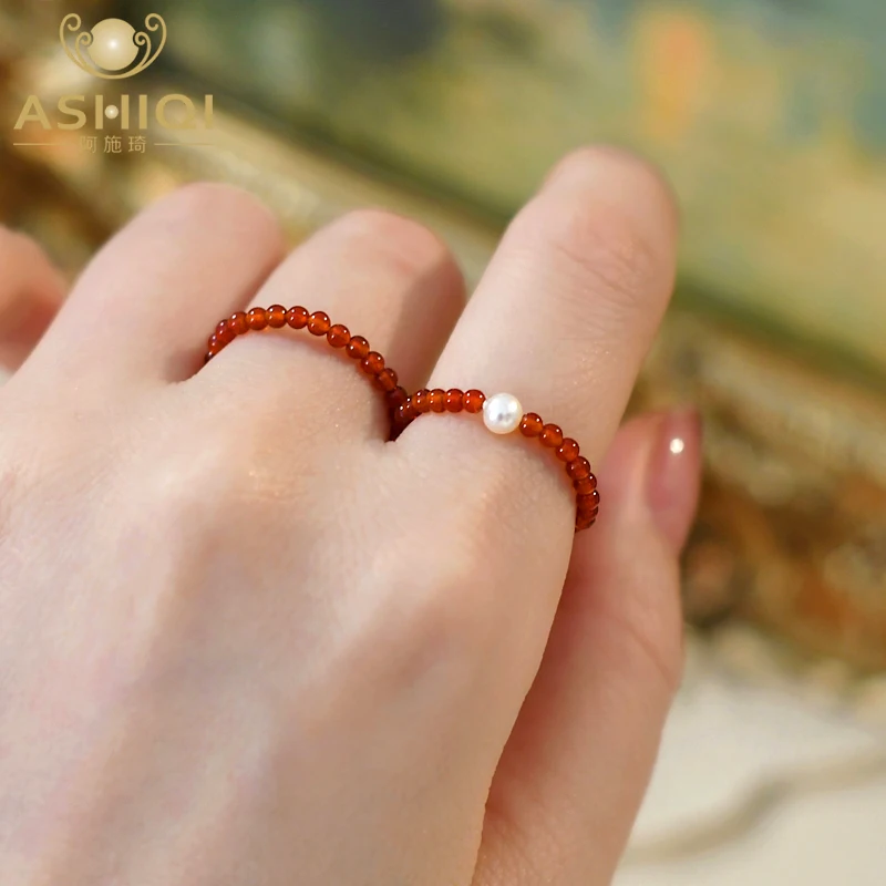 

ASHQI Real Natural Freshwater Pearl Onyx Ring Simple Fashion Jewelry for Women