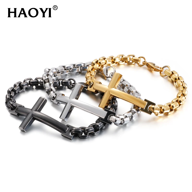 

8mm Stainless Steel Box Chain Bracelet Cross 3 Color Black Bracelets Handmade Men Prayer Fitness Chain Couple Jewelry Gift