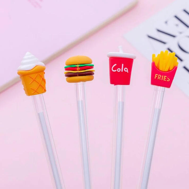 

4pcs / Set Of Black 0.5mm Gel Pen Creative Cartoon Hamburger Ice Cream Fries Cola Drink Student Writing Office Stationery Gift