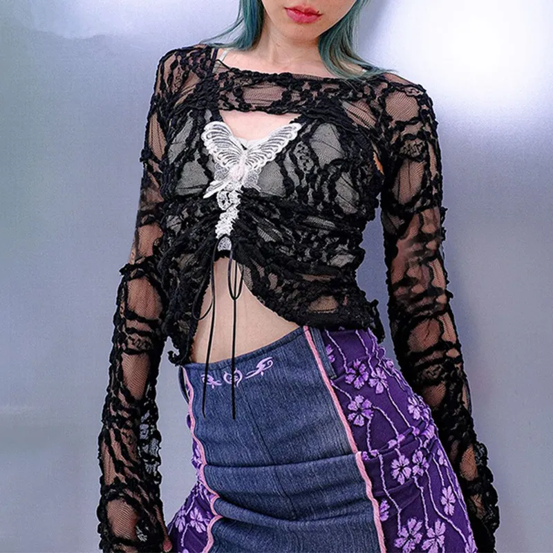 

Женский прозрачный комплект из двух предметов, топ с открытой спиной и длинным рукавом, в стиле Харадзюку, в готическом стиле