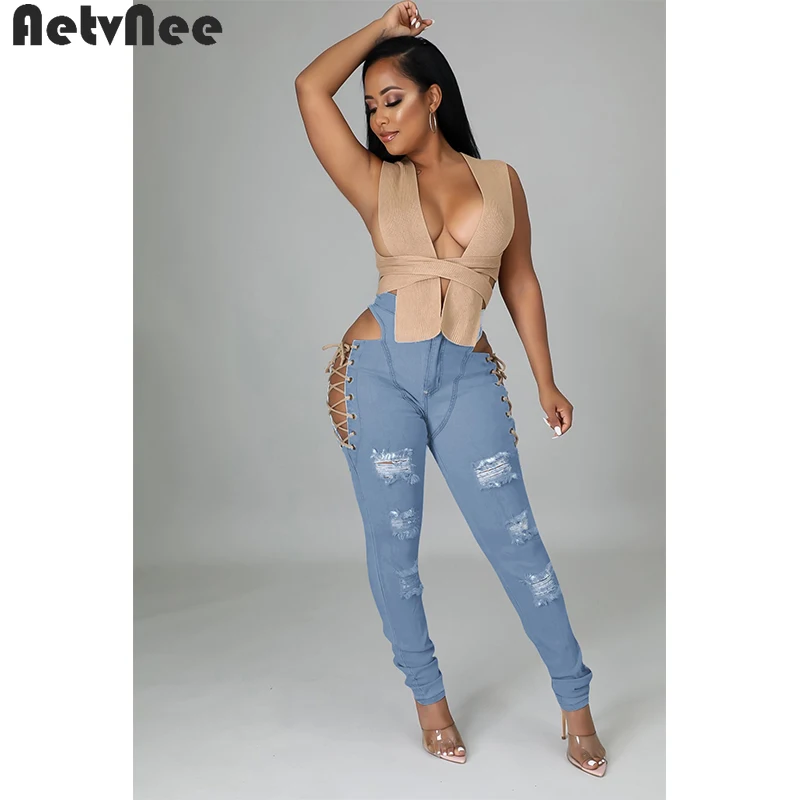 

Осенние Синие джинсы, женские джинсовые брюки, эластичные джинсовые брюки с вырезами, сексуальная уличная одежда
