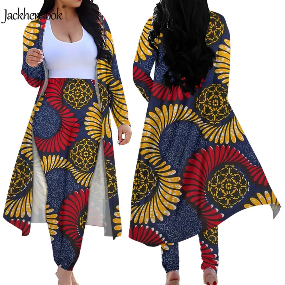 

Jackherelook Africa Tribal Classic Ethnic Print Vintage 2 Piece Open Front Cardigan and Pants for Women's Long Sleeve Outfits