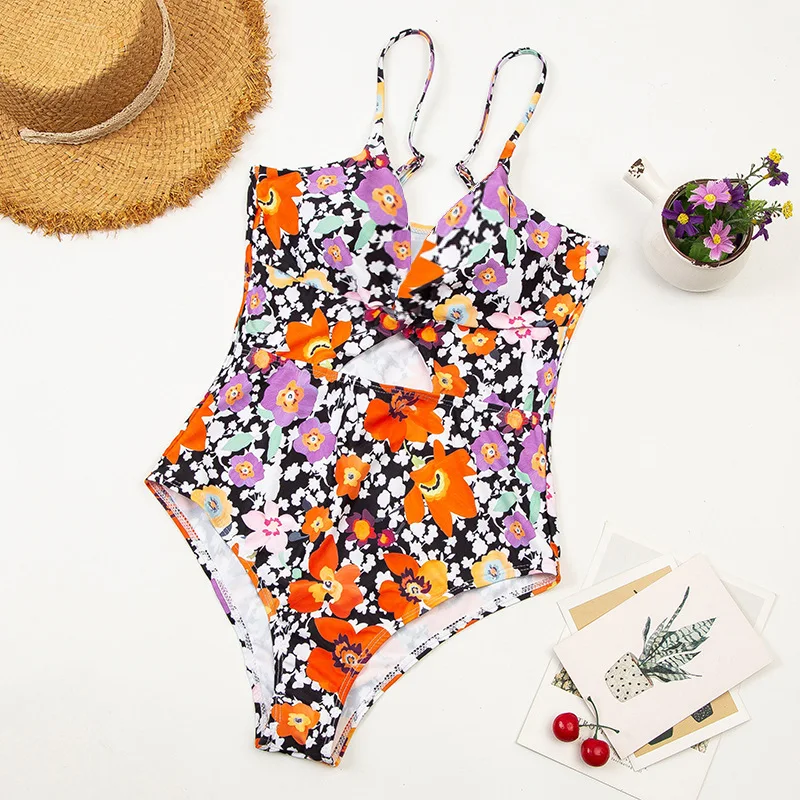 

Red Flower Print Cross One-piece Swimsuit Women Ruched Tied Monokini Swimwear 2021 New Girl Beach Bathing Suits
