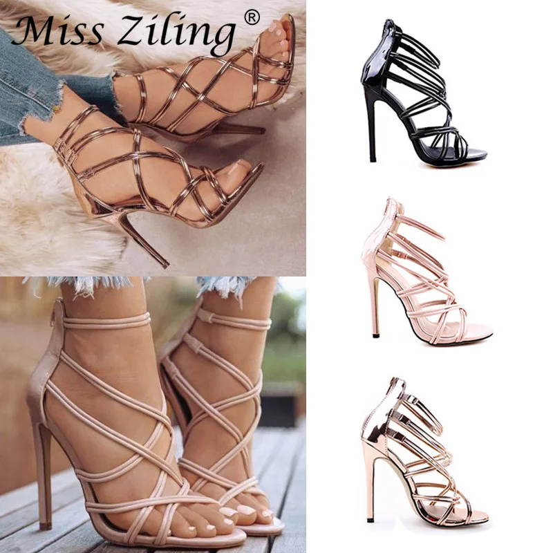 Босоножки женские на высоком каблуке пикантные модные туфли молнии ажурные