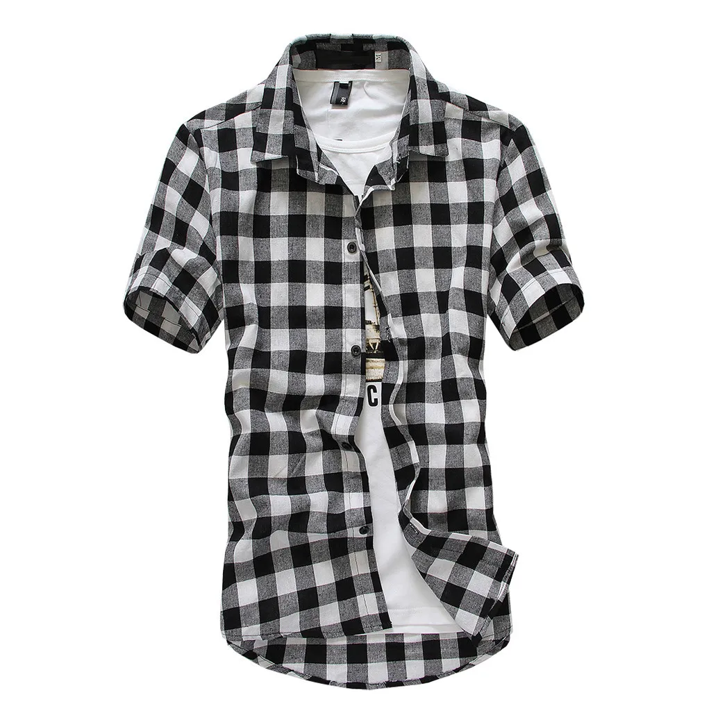 

New Men Cotton Plaid Shirt Short Sleeve Top Summer Print Button Up Down Collar Top Blouse Daily Shirts Dropshipping