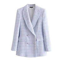 women fashion double breasted tweed check blazer coat vintage long sleeve pockets female outerwear chic veste