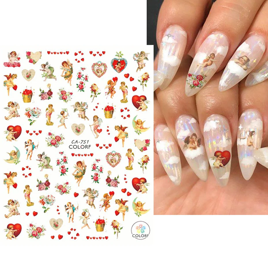 Cupid Angel Valentines наклейки для ногтей Новогоднее красное сердце 3D маникюрный Клей DIY