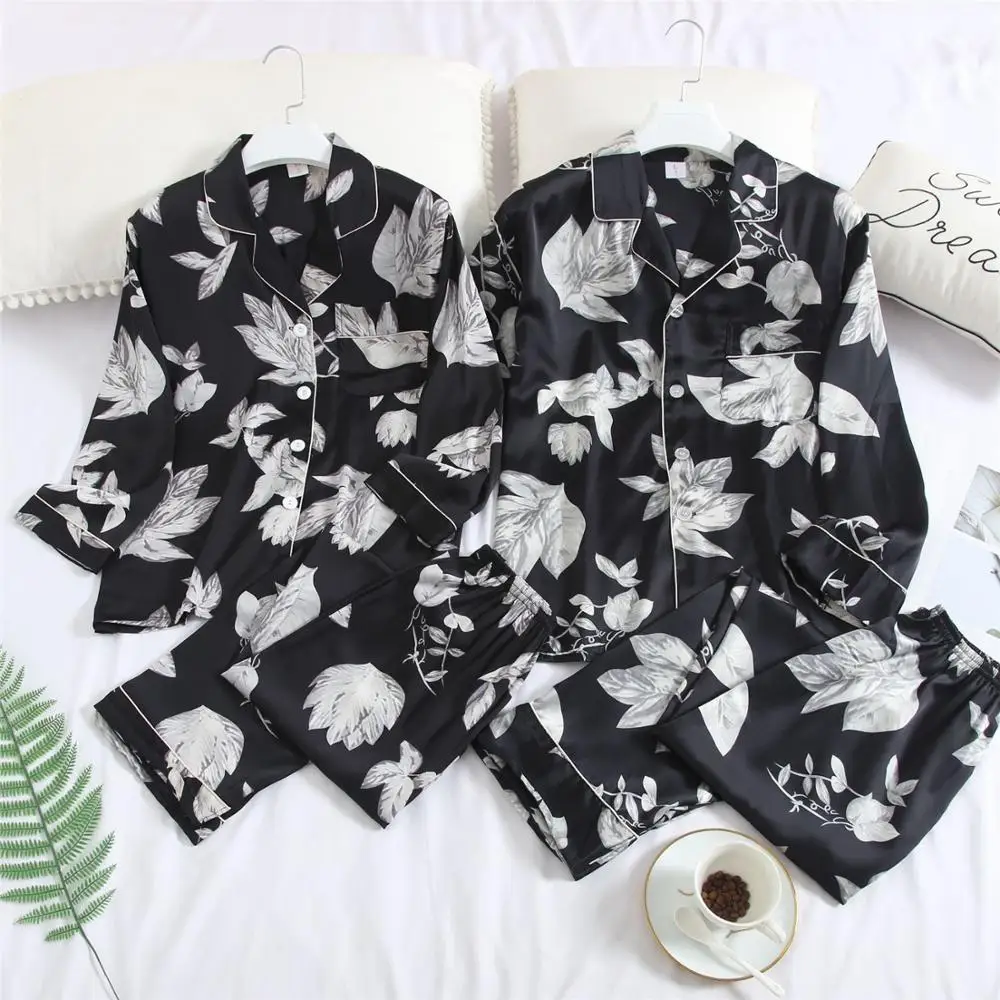 Набор пижам FZSLCYIYI для пар шелковые атласные пижамы с длинным рукавом одежда сна
