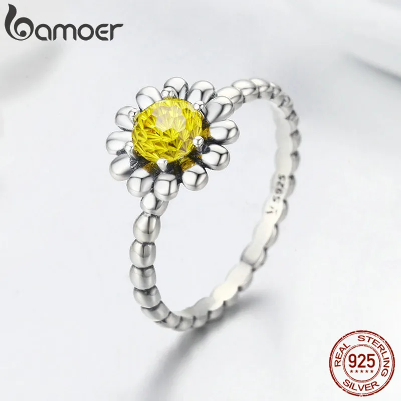 BAMOER Настоящее 925 пробы Серебряное кольцо с ромашками кубического циркония для женщин Свадебные украшения SCR238