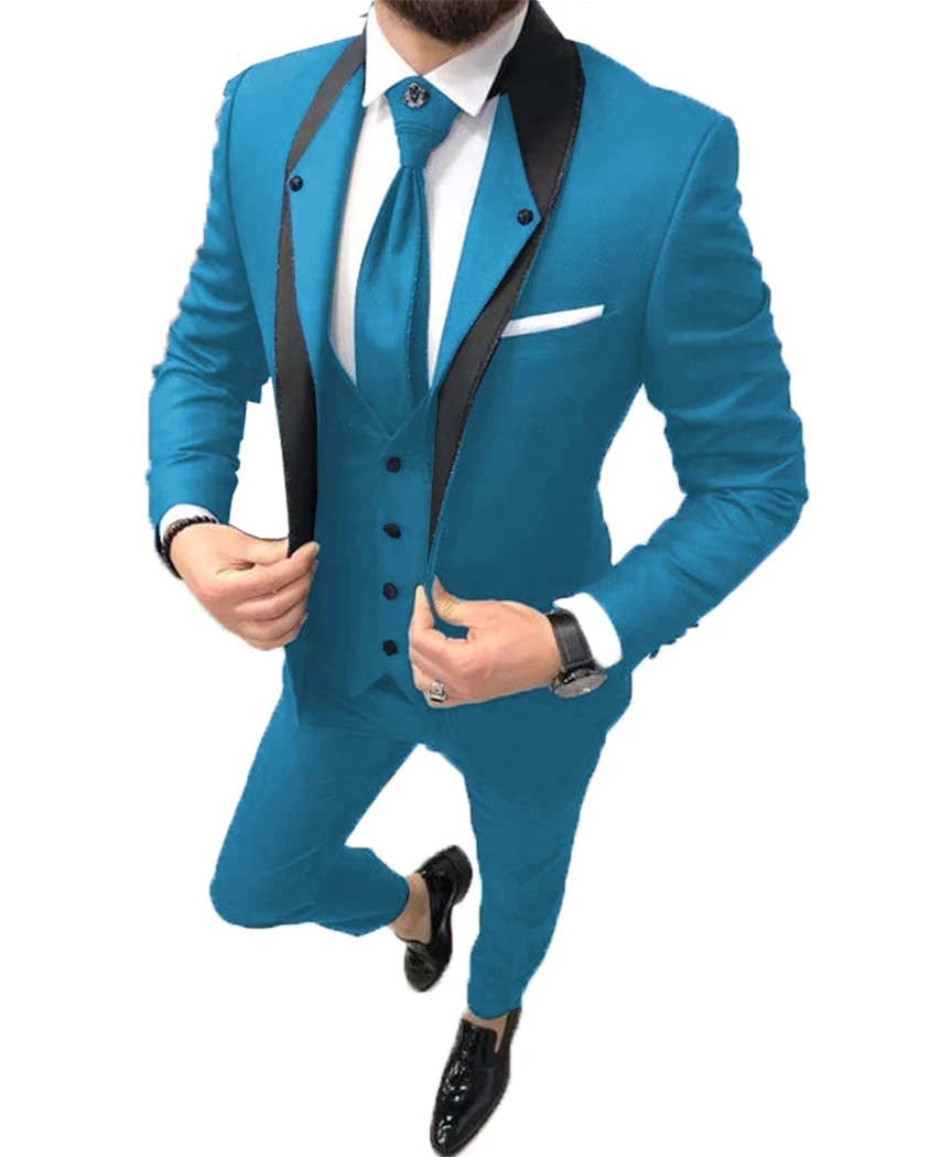 New Arrival Aqua Blue Costume Homme Groom Tuxedos Men Suits Wedding Prom Dinner Best Man Blazer 3 Pcs (Jacket+Pants+Vest