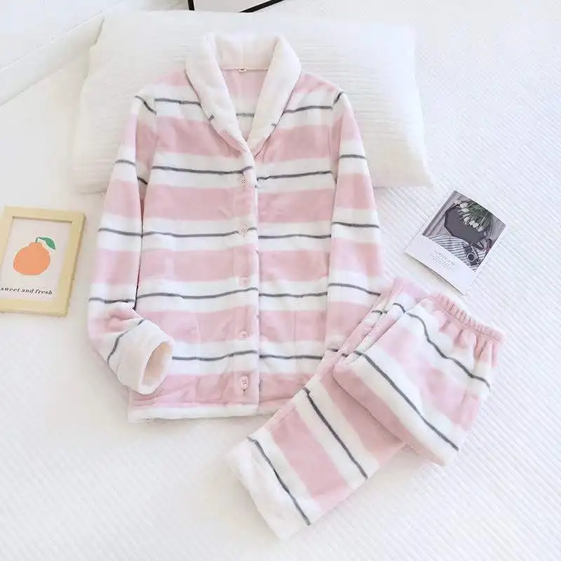 Flannel Winter Pajamas Set Thick Warm 2 Pieces Women Sleepwear Casual Loose Pyjamas Suit Homewear Coral Fleece Nightwear