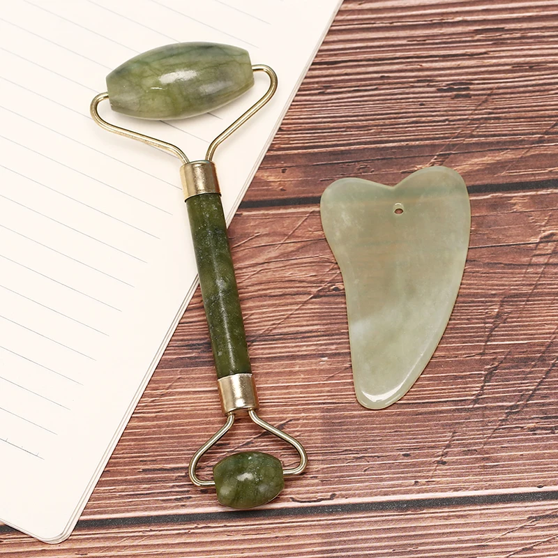 

Multi Style 2 in 1 Green Roller Gua Sha Tools Set By Natural Jade Scraper Massager with Stones for Face Neck Back And Jawline