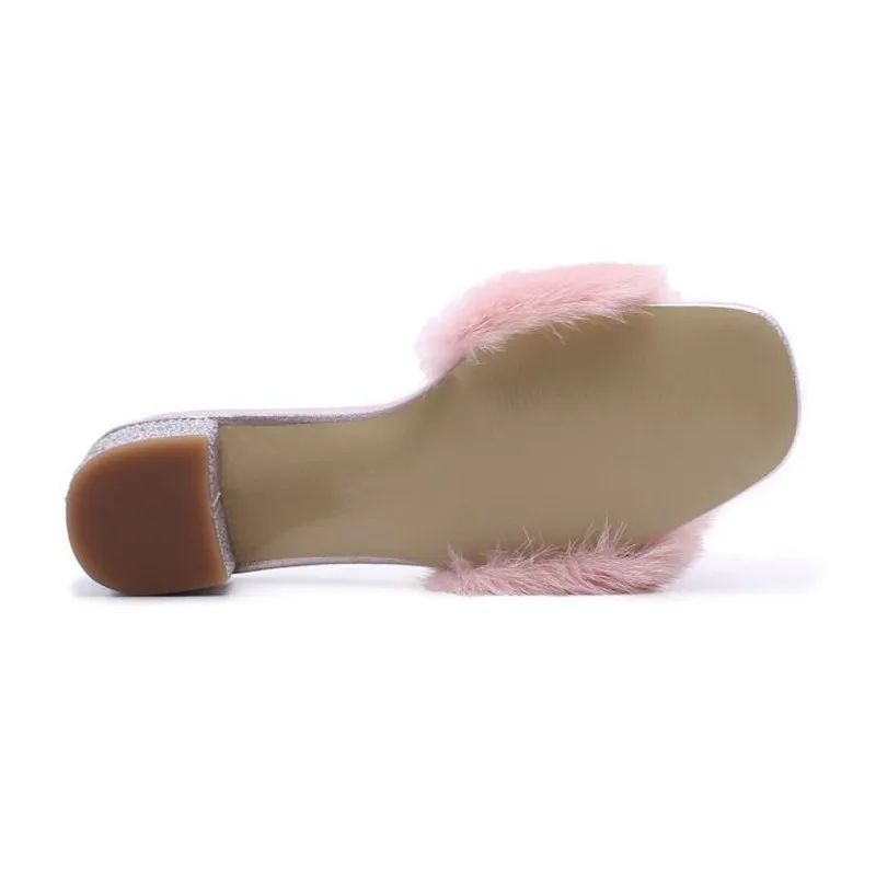 

Spring And Summer New Women's Shoes Simple Leisure Style Bright Light Color Mink Hair Thick Heel High -Heeled Slippers