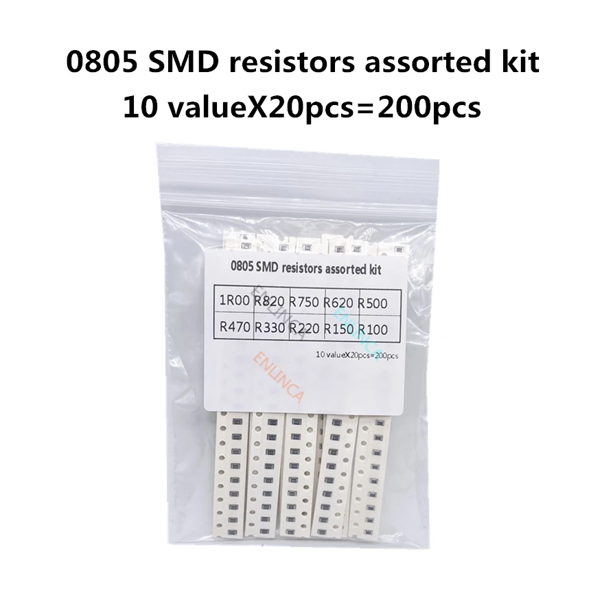 

200PCS 1% 0805 SMD resistors assorted kit set ,10 valueX20pcs=200pcs 1R00 R820 R750 R620 R500 R470 R330 R220 R150 R100