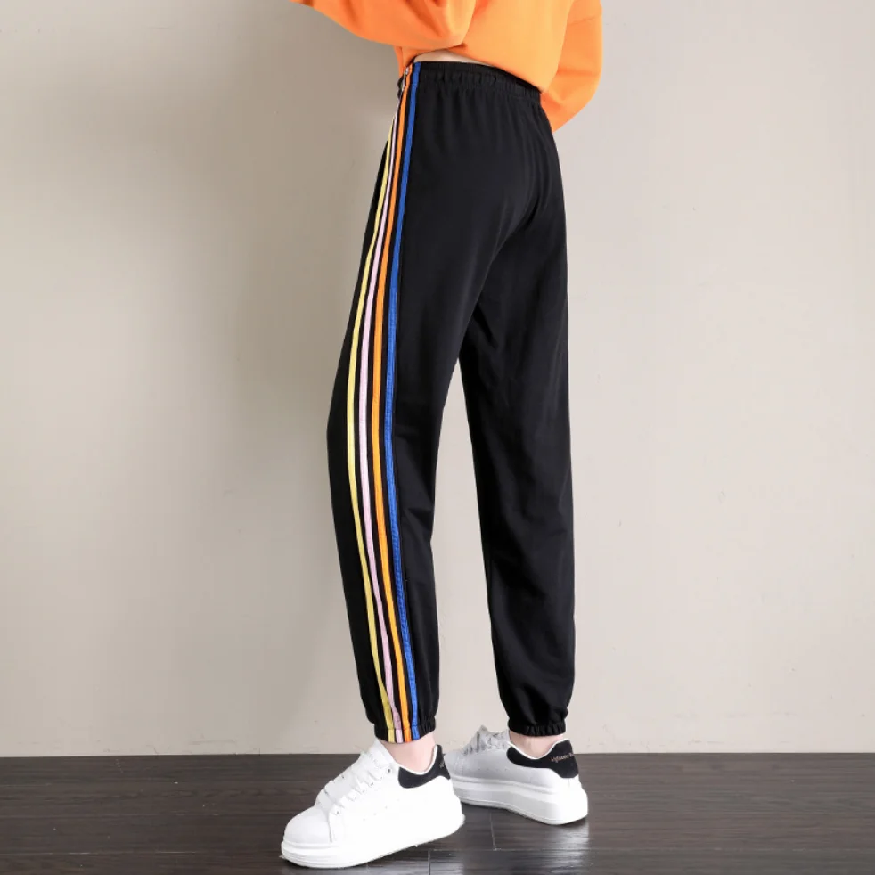 Хлопковые спортивные штаны женские радужные полосатые для бега отдыха X2059 -