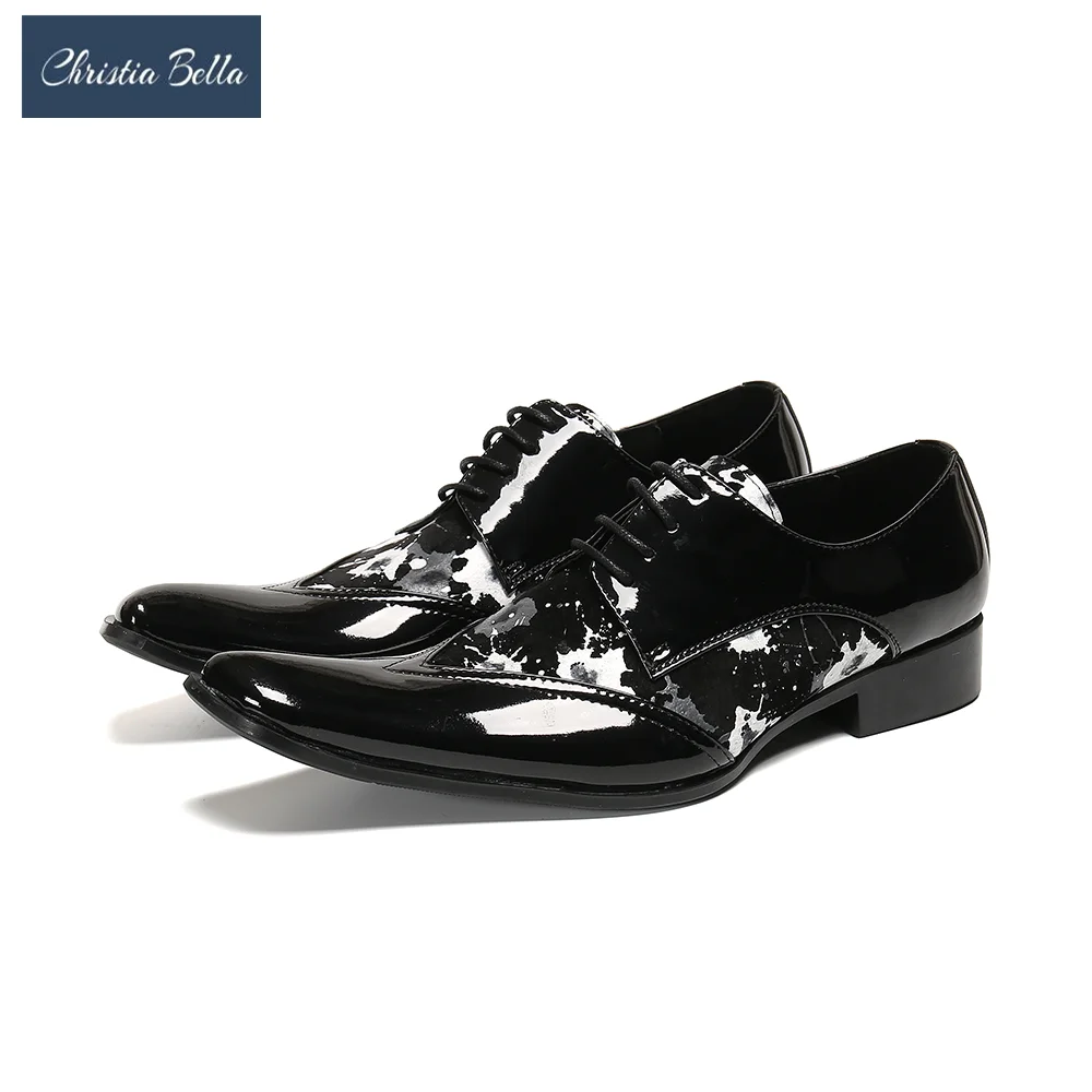 

Christia Bella British Style Patent Leather Men Oxford Shoes Black Business Party Brogue Shoes Gentleman Lace Up Derby Shoes