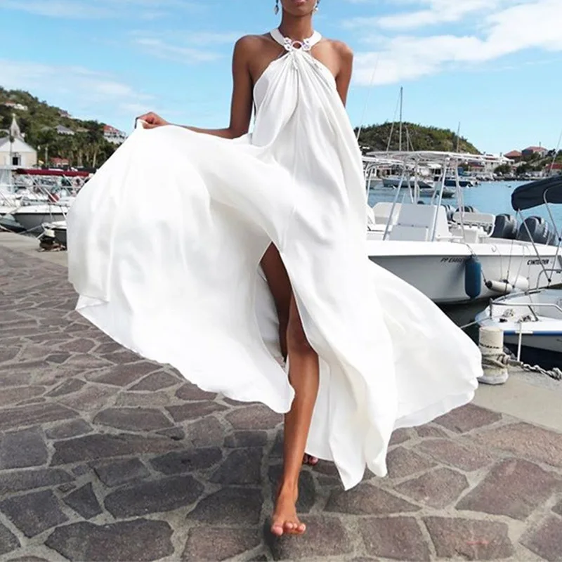 

Long Dresses for Women Party Backless Strapless Solid White Black Vintage Summer Dresses Sleeveless Fashion Sexy Evening Dress
