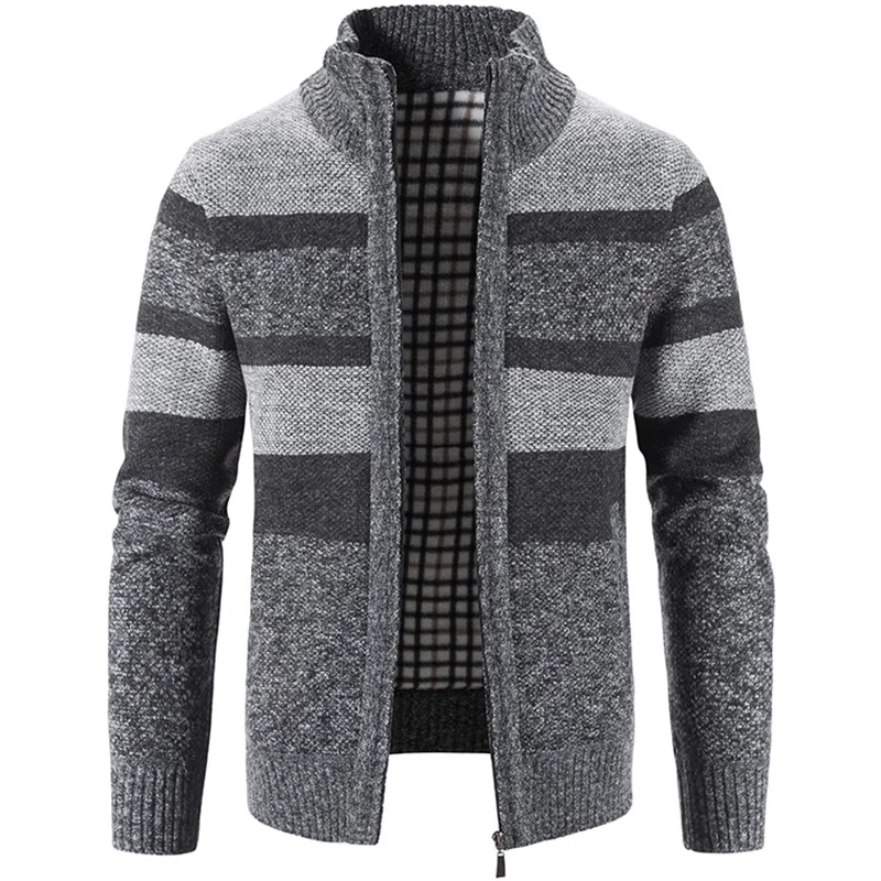 Mens Sweater Winter Cardigan 2023 Striped Zipper Up Clothing Knit Trend Patchwork Fleece Thick Warm Jacket Casual Y2K Clothing