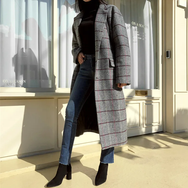 Женское твидовое пальто до колена с воротником-стойкой | Женская одежда